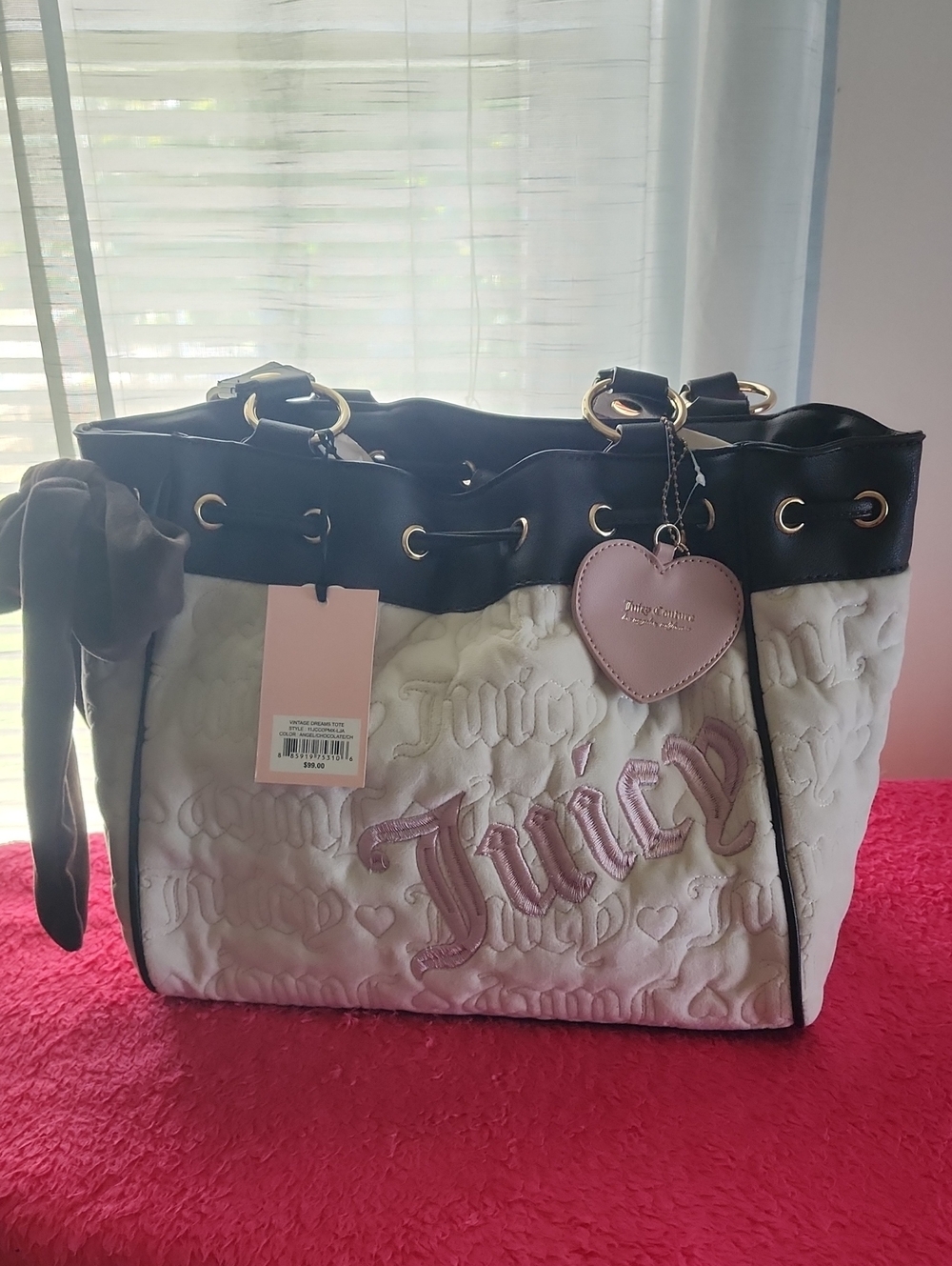 Juicy Couture"Vintage Dreams" Tote with Black Trim and Pink Heart Charm
